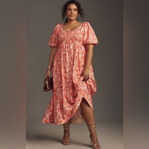 Anthropologie Pink Floral Puff Sleeve Babydoll Smocked Flowy Boho Dress 1X